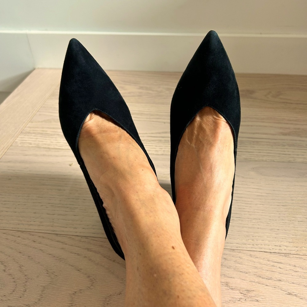 Topshop Gina V Cut Flare Suede Black Block Court Heel Shoes